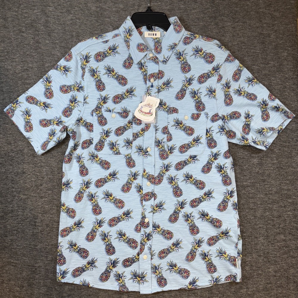 Rowm Mens Short Sleeve Pineapple Print Button Up Shirt Hawaiian Blue Sz M NEW